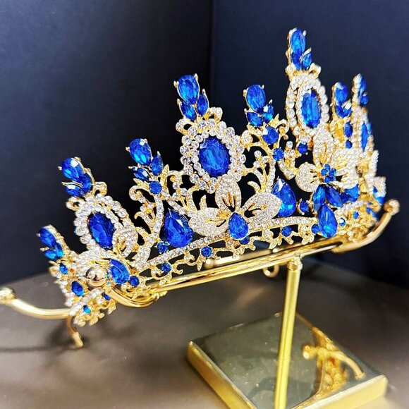 Princess Flower Crown, Floral Tiara, Birthday Party Crown, Blue Crystal Tiara main image 4